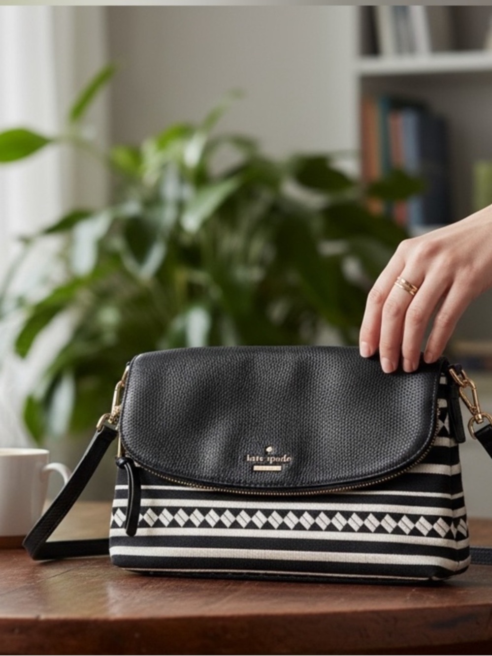 kate spade Black and Cream Striped Crossbody Bag